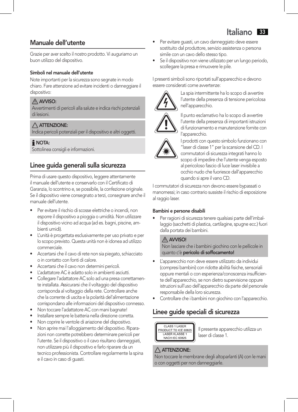 Italiano, Manuale dell’utente, Linee guida generali sulla sicurezza | Linee guide speciali di sicurezza | AEG SRP 4342 CD-MP3 User Manual | Page 33 / 78