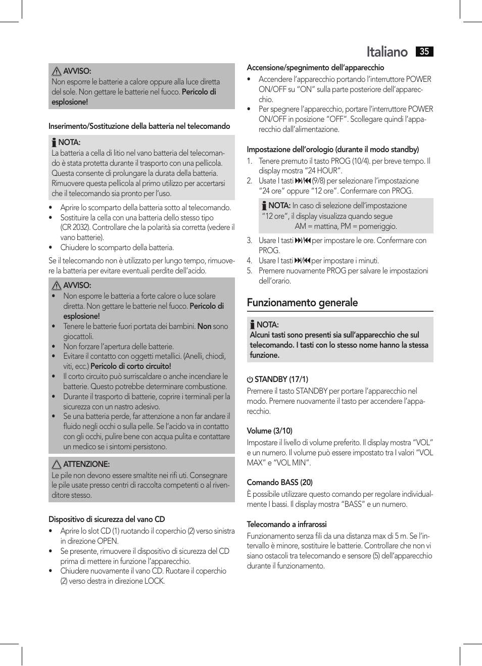 Italiano, Funzionamento generale | AEG SRP 4342 CD-MP3 User Manual | Page 35 / 78