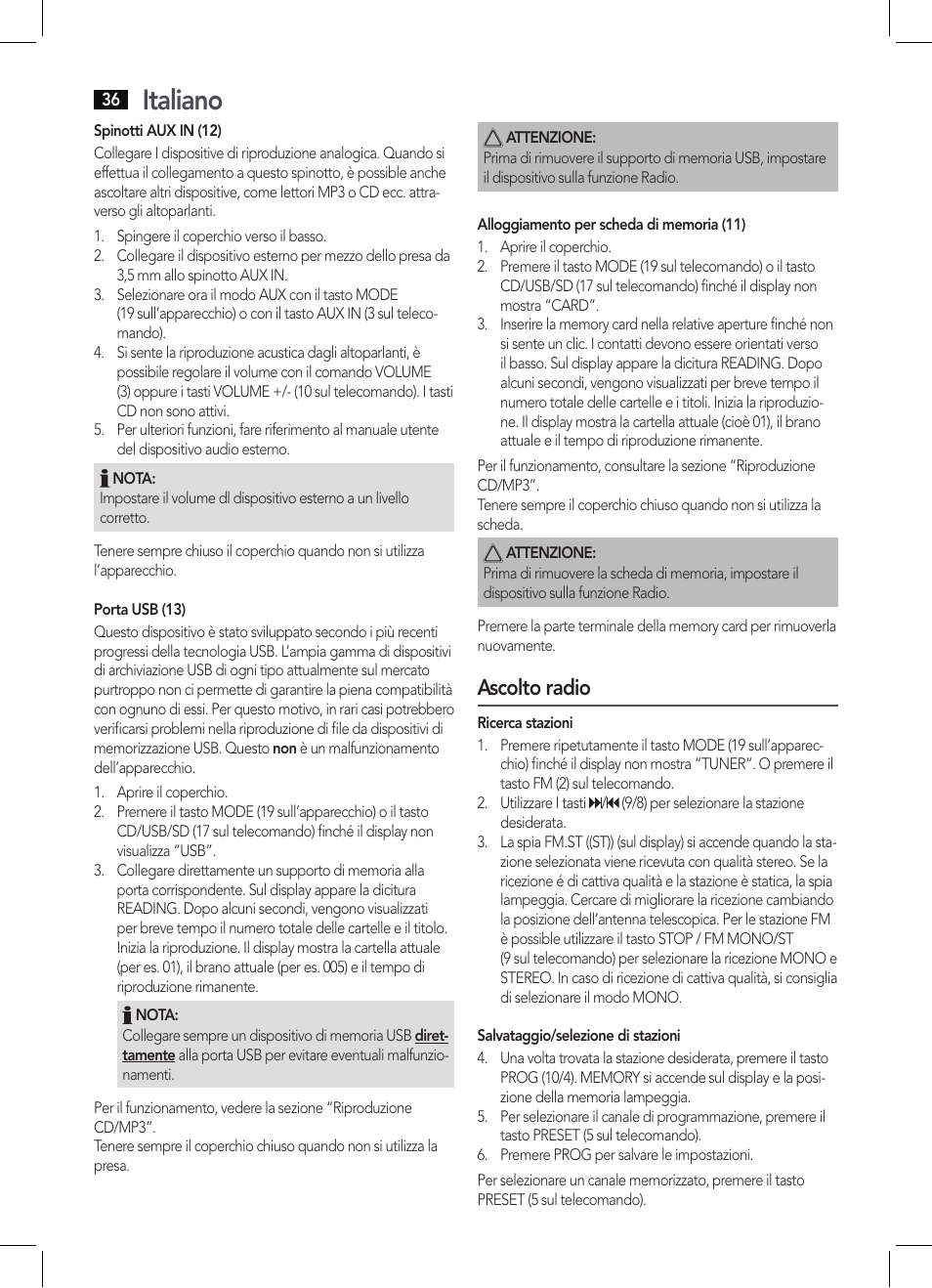 Italiano, Ascolto radio | AEG SRP 4342 CD-MP3 User Manual | Page 36 / 78