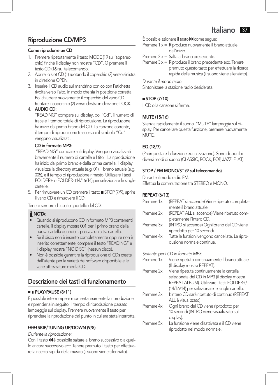 Italiano, Riproduzione cd/mp3, Descrizione dei tasti di funzionamento | AEG SRP 4342 CD-MP3 User Manual | Page 37 / 78