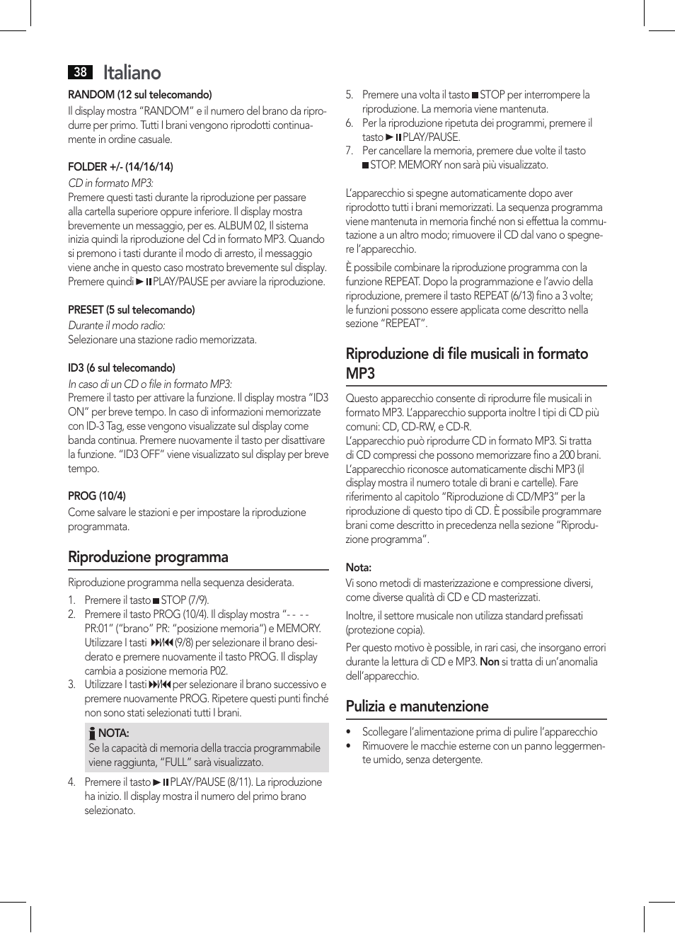 Italiano, Riproduzione programma, Riproduzione di file musicali in formato mp3 | Pulizia e manutenzione | AEG SRP 4342 CD-MP3 User Manual | Page 38 / 78