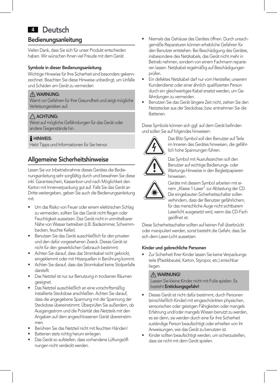 Deutsch, Bedienungsanleitung, Allgemeine sicherheitshinweise | AEG SRP 4342 CD-MP3 User Manual | Page 4 / 78