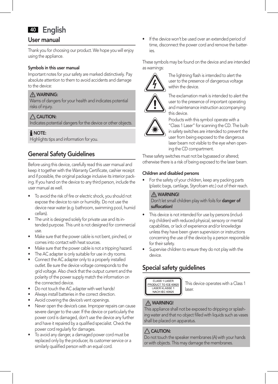 English, User manual, General safety guidelines | Special safety guidelines | AEG SRP 4342 CD-MP3 User Manual | Page 40 / 78