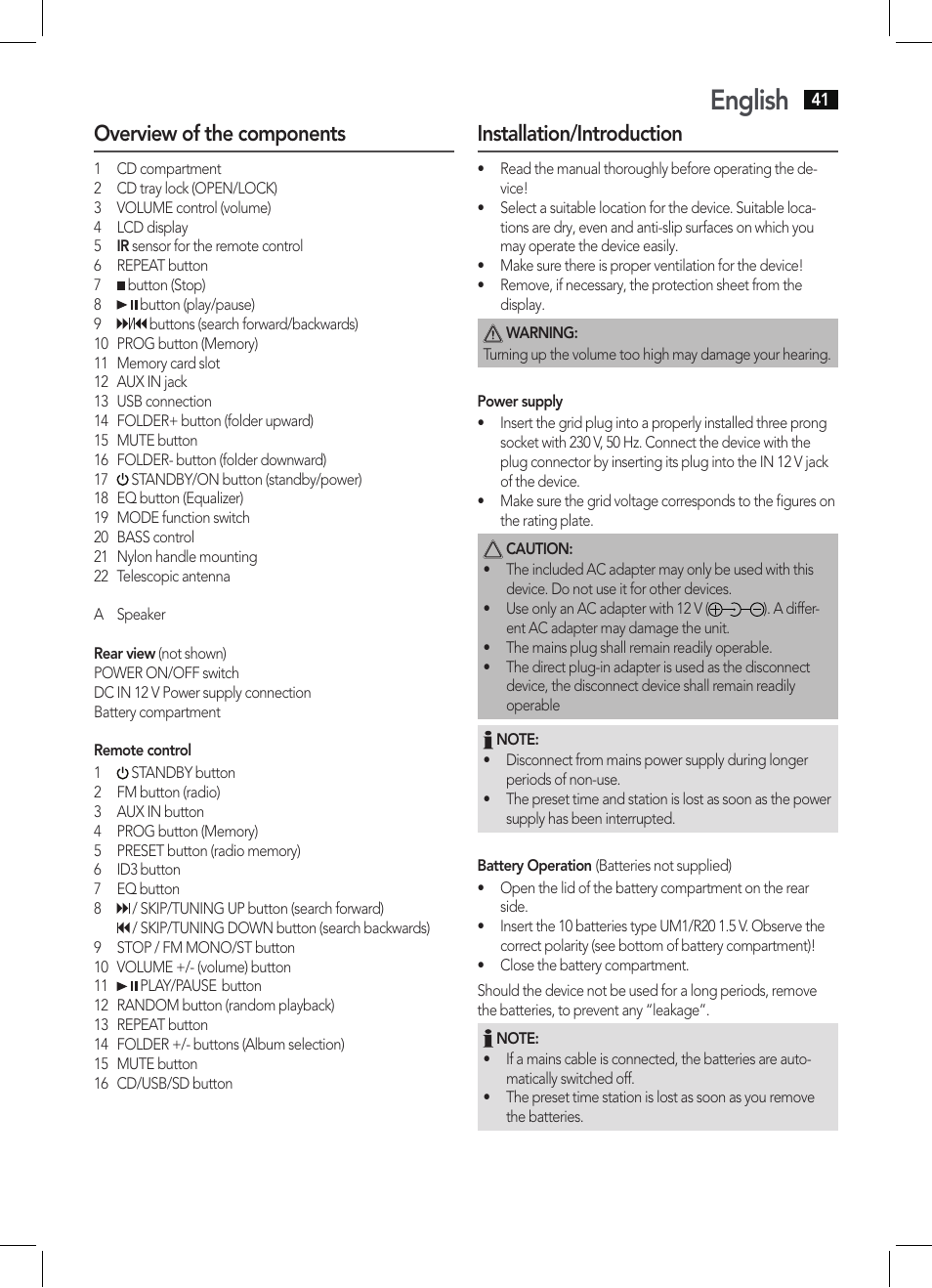 English, Overview of the components, Installation/introduction | AEG SRP 4342 CD-MP3 User Manual | Page 41 / 78