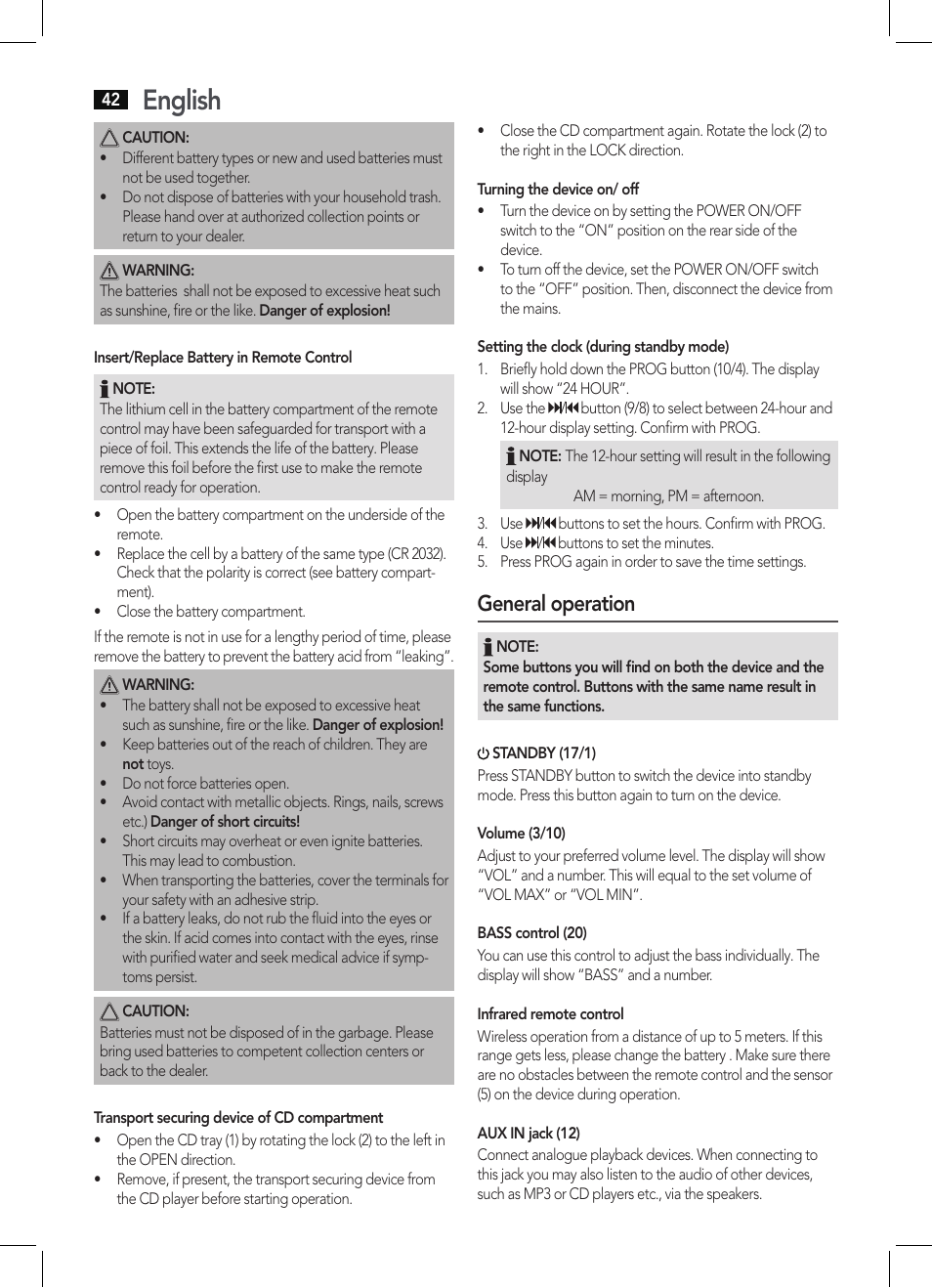 English, General operation | AEG SRP 4342 CD-MP3 User Manual | Page 42 / 78