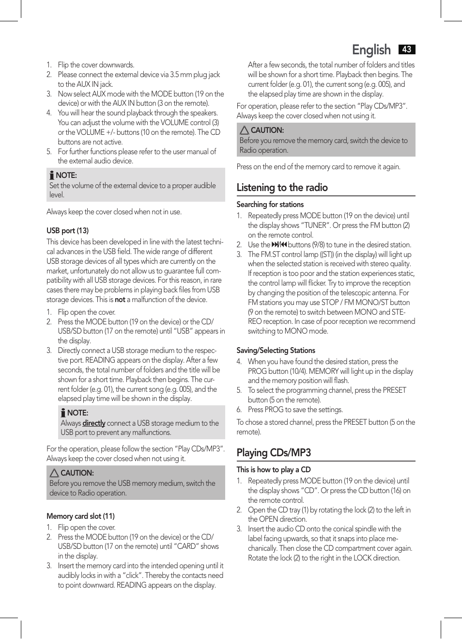 English, Listening to the radio, Playing cds/mp3 | AEG SRP 4342 CD-MP3 User Manual | Page 43 / 78