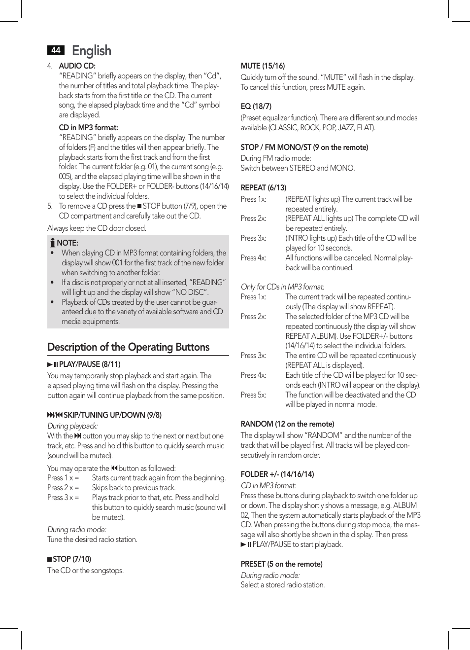 English, Description of the operating buttons | AEG SRP 4342 CD-MP3 User Manual | Page 44 / 78