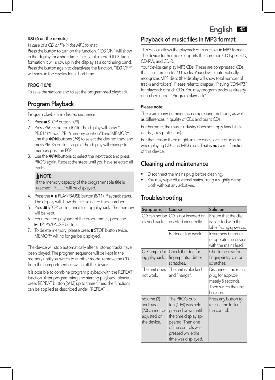 English, Program playback, Playback of music files in mp3 format | Cleaning and maintenance, Troubleshooting | AEG SRP 4342 CD-MP3 User Manual | Page 45 / 78