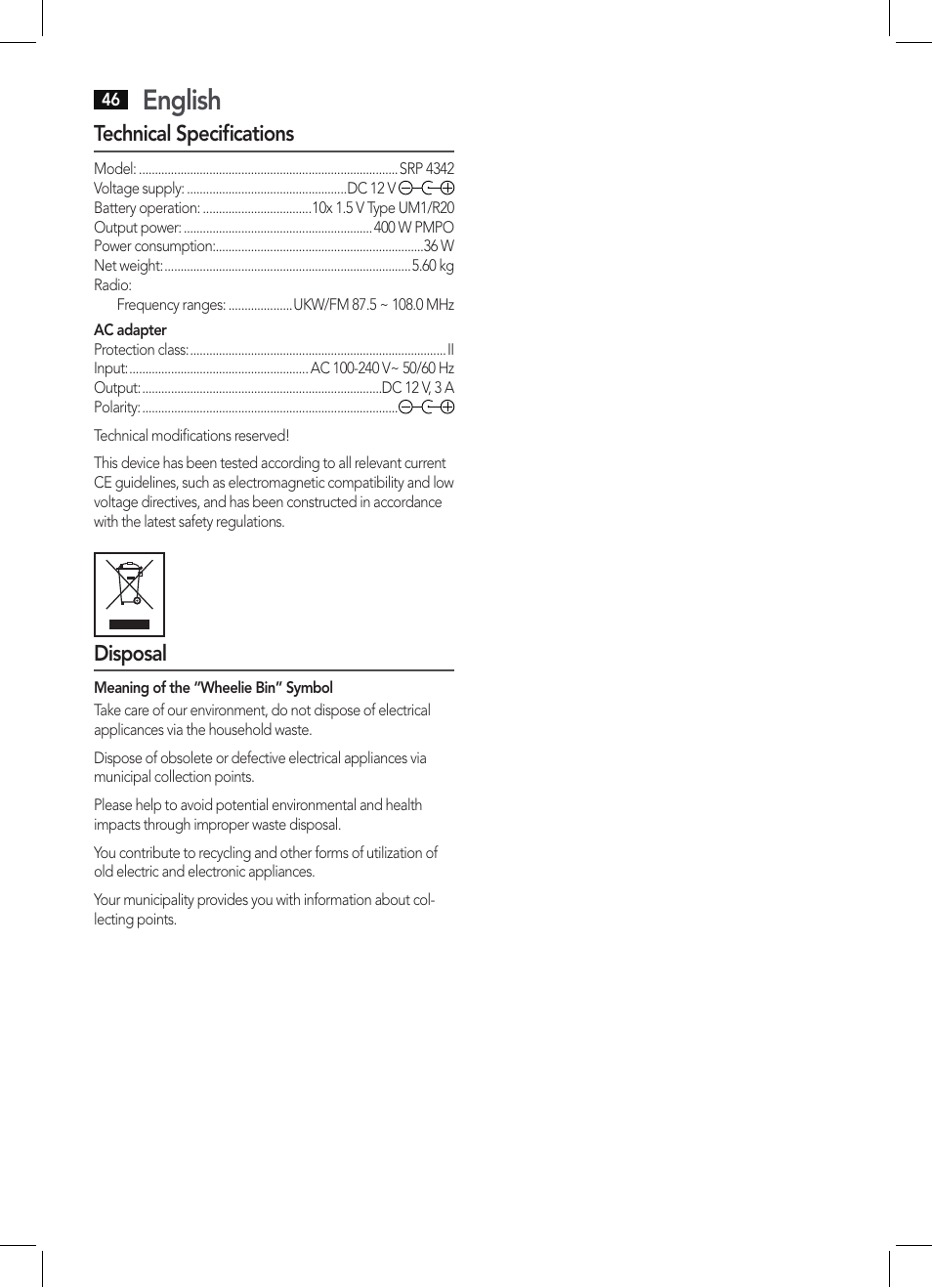 English, Technical specifications, Disposal | AEG SRP 4342 CD-MP3 User Manual | Page 46 / 78