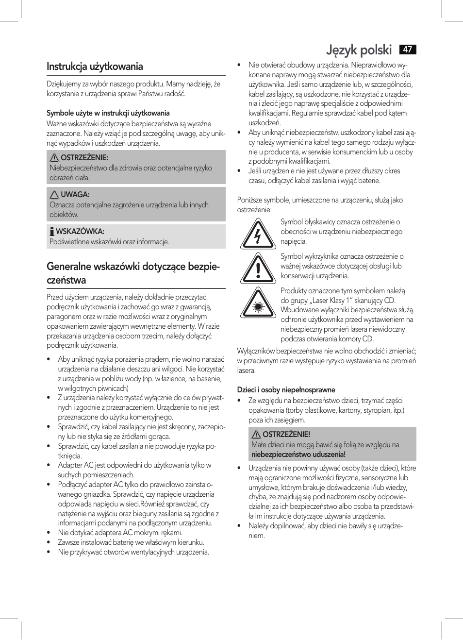 Język polski, Instrukcja użytkowania, Generalne wskazówki dotyczące bezpie- czeństwa | AEG SRP 4342 CD-MP3 User Manual | Page 47 / 78