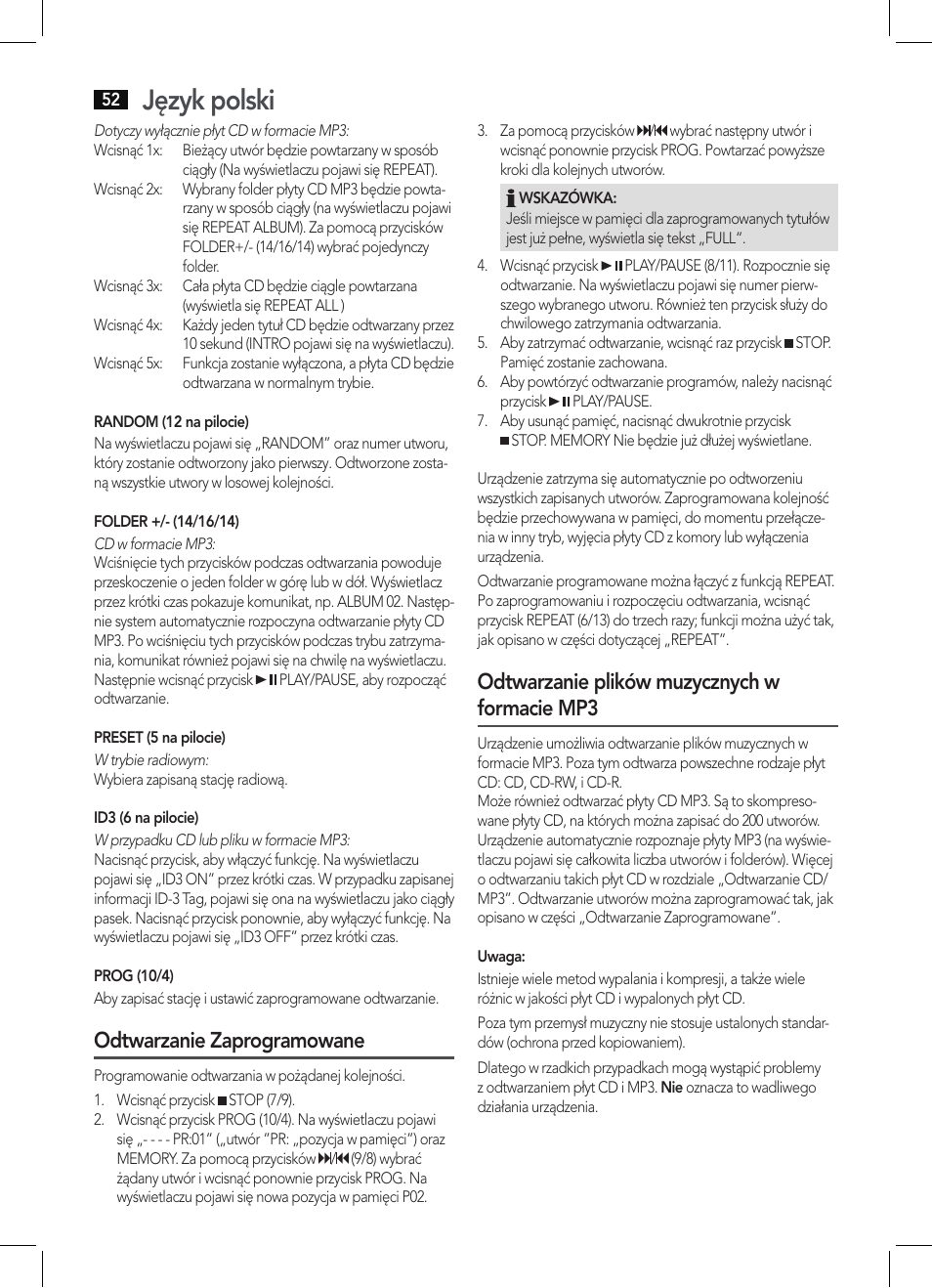 Język polski, Odtwarzanie zaprogramowane, Odtwarzanie plików muzycznych w formacie mp3 | AEG SRP 4342 CD-MP3 User Manual | Page 52 / 78