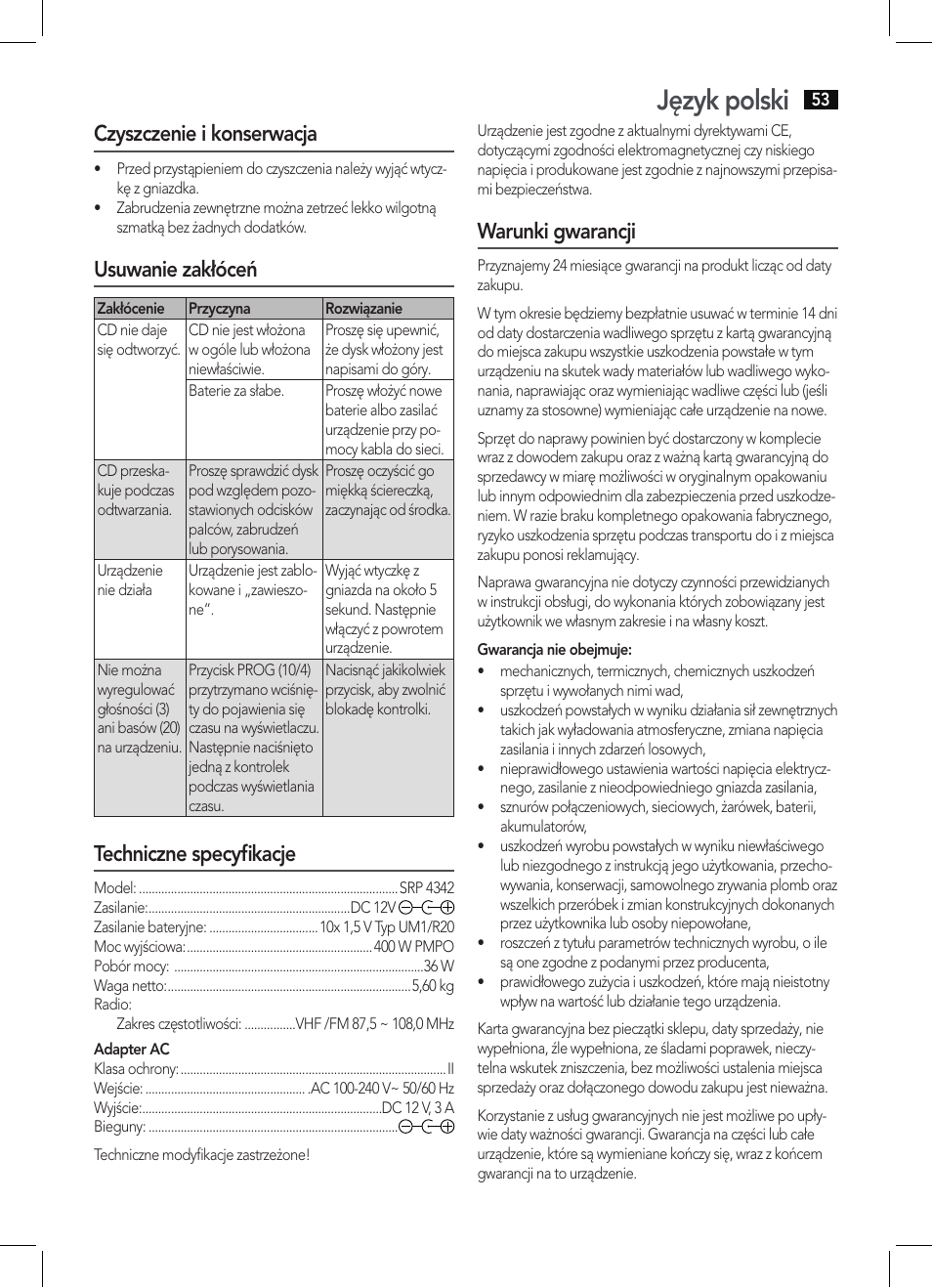 Język polski, Czyszczenie i konserwacja, Usuwanie zakłóceń | Techniczne specyfikacje, Warunki gwarancji | AEG SRP 4342 CD-MP3 User Manual | Page 53 / 78