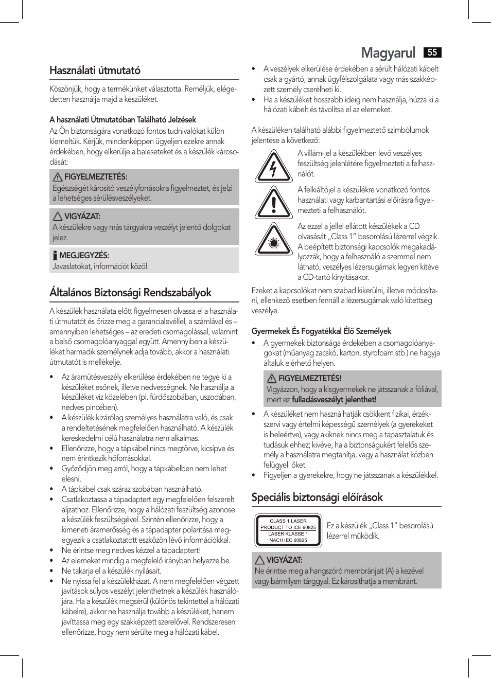 Magyarul, Használati útmutató, Általános biztonsági rendszabályok | Speciális biztonsági előírások | AEG SRP 4342 CD-MP3 User Manual | Page 55 / 78