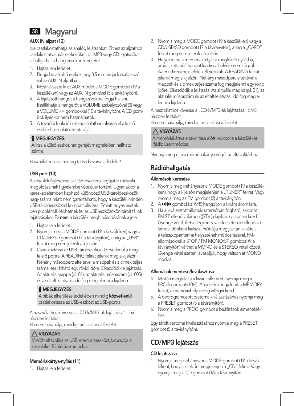 Magyarul, Rádióhallgatás, Cd/mp3 lejátszás | AEG SRP 4342 CD-MP3 User Manual | Page 58 / 78