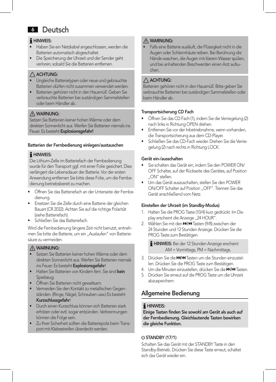 Deutsch, Allgemeine bedienung | AEG SRP 4342 CD-MP3 User Manual | Page 6 / 78