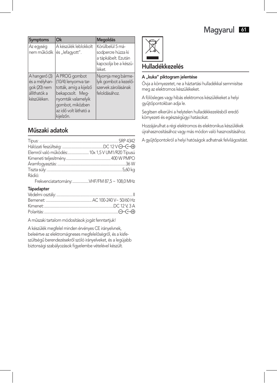 Magyarul, Műszaki adatok, Hulladékkezelés | AEG SRP 4342 CD-MP3 User Manual | Page 61 / 78