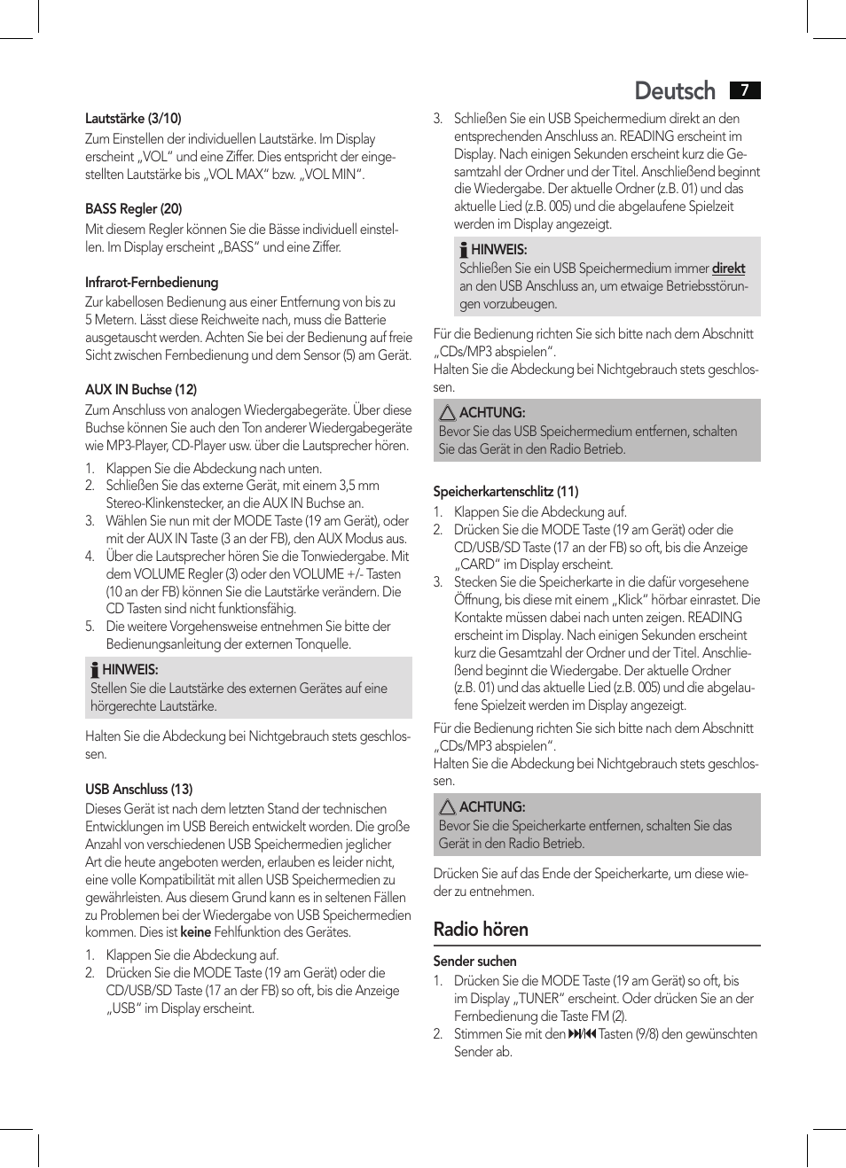 Deutsch, Radio hören | AEG SRP 4342 CD-MP3 User Manual | Page 7 / 78