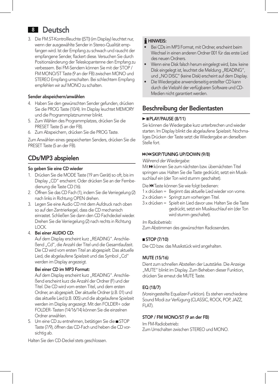 Deutsch, Cds/mp3 abspielen, Beschreibung der bedientasten | AEG SRP 4342 CD-MP3 User Manual | Page 8 / 78