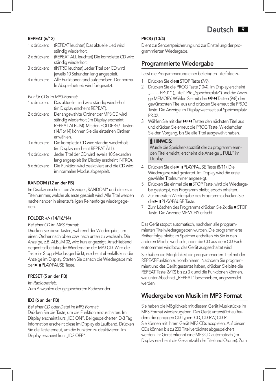 Deutsch, Programmierte wiedergabe, Wiedergabe von musik im mp3 format | AEG SRP 4342 CD-MP3 User Manual | Page 9 / 78