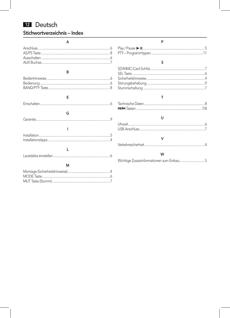 Deutsch, Stichwortverzeichnis – index | AEG AR 4027 USB-CR User Manual | Page 12 / 54