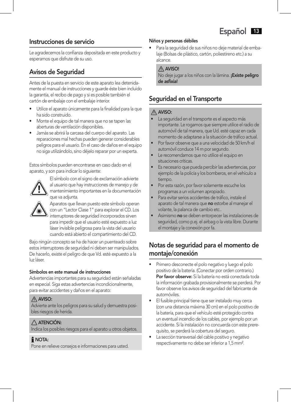 Español, Instrucciones de servicio, Avisos de seguridad | Seguridad en el transporte | AEG AR 4027 USB-CR User Manual | Page 13 / 54