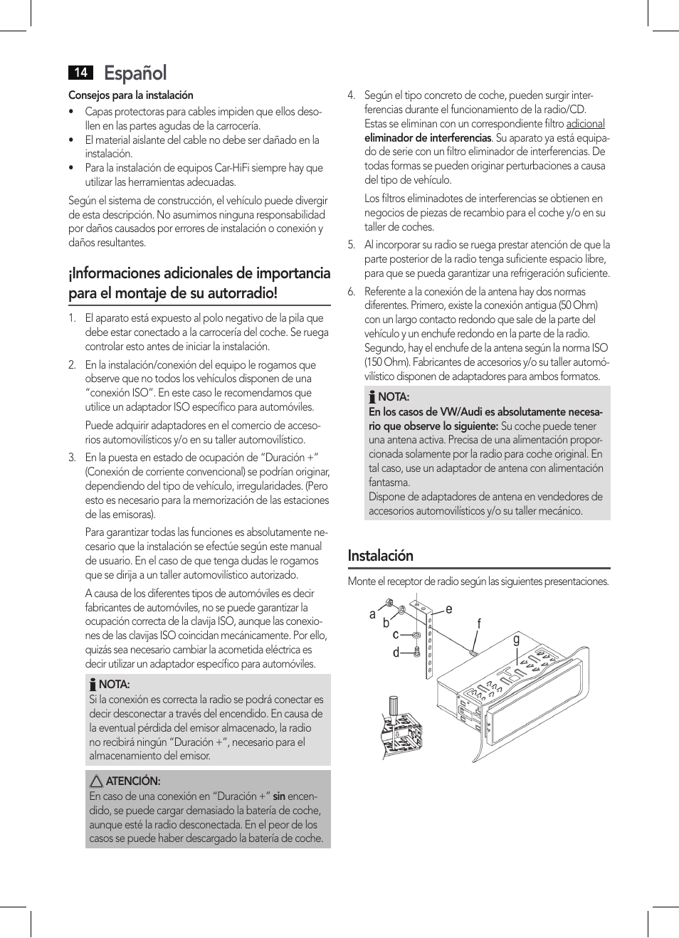 Español, Instalación | AEG AR 4027 USB-CR User Manual | Page 14 / 54