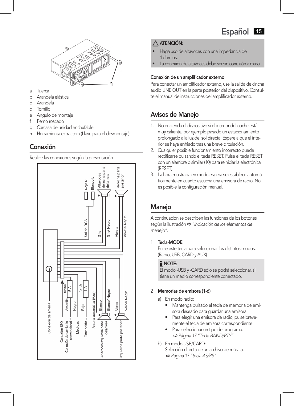 Español, Avisos de manejo, Manejo | Conexión | AEG AR 4027 USB-CR User Manual | Page 15 / 54