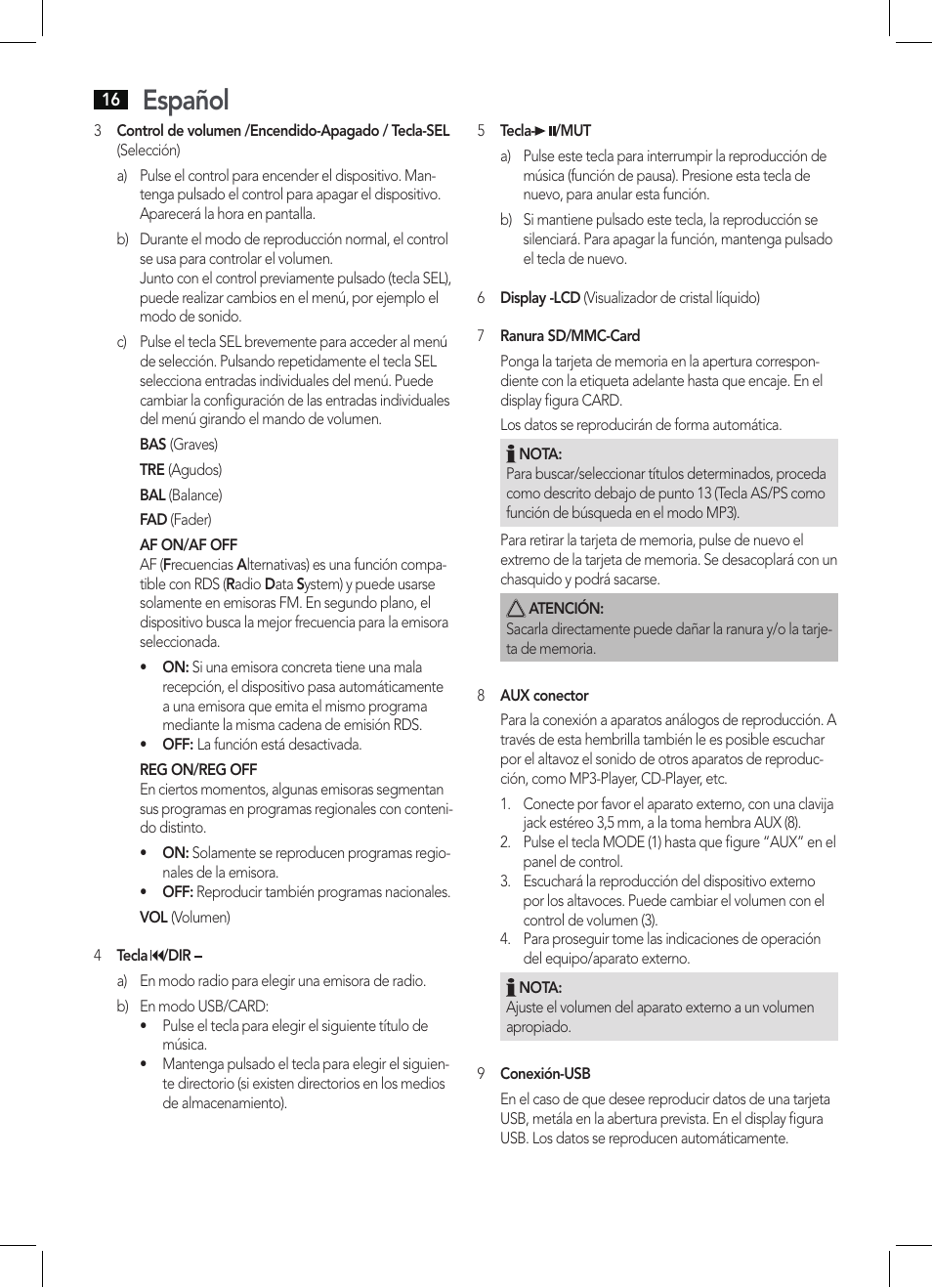 Español | AEG AR 4027 USB-CR User Manual | Page 16 / 54