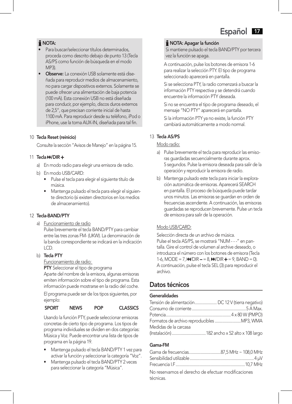 Español, Datos técnicos | AEG AR 4027 USB-CR User Manual | Page 17 / 54