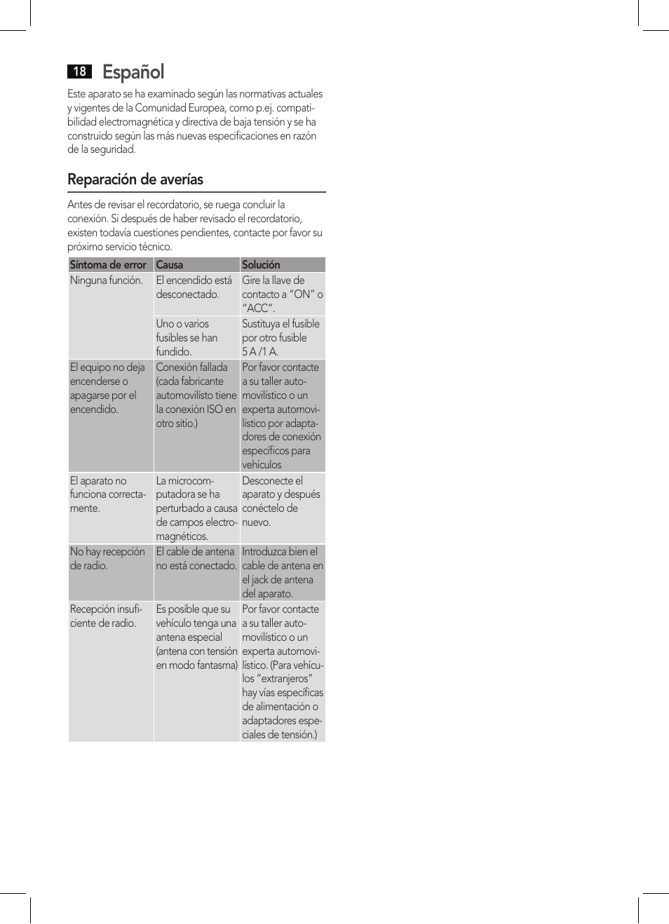 Español, Reparación de averías | AEG AR 4027 USB-CR User Manual | Page 18 / 54