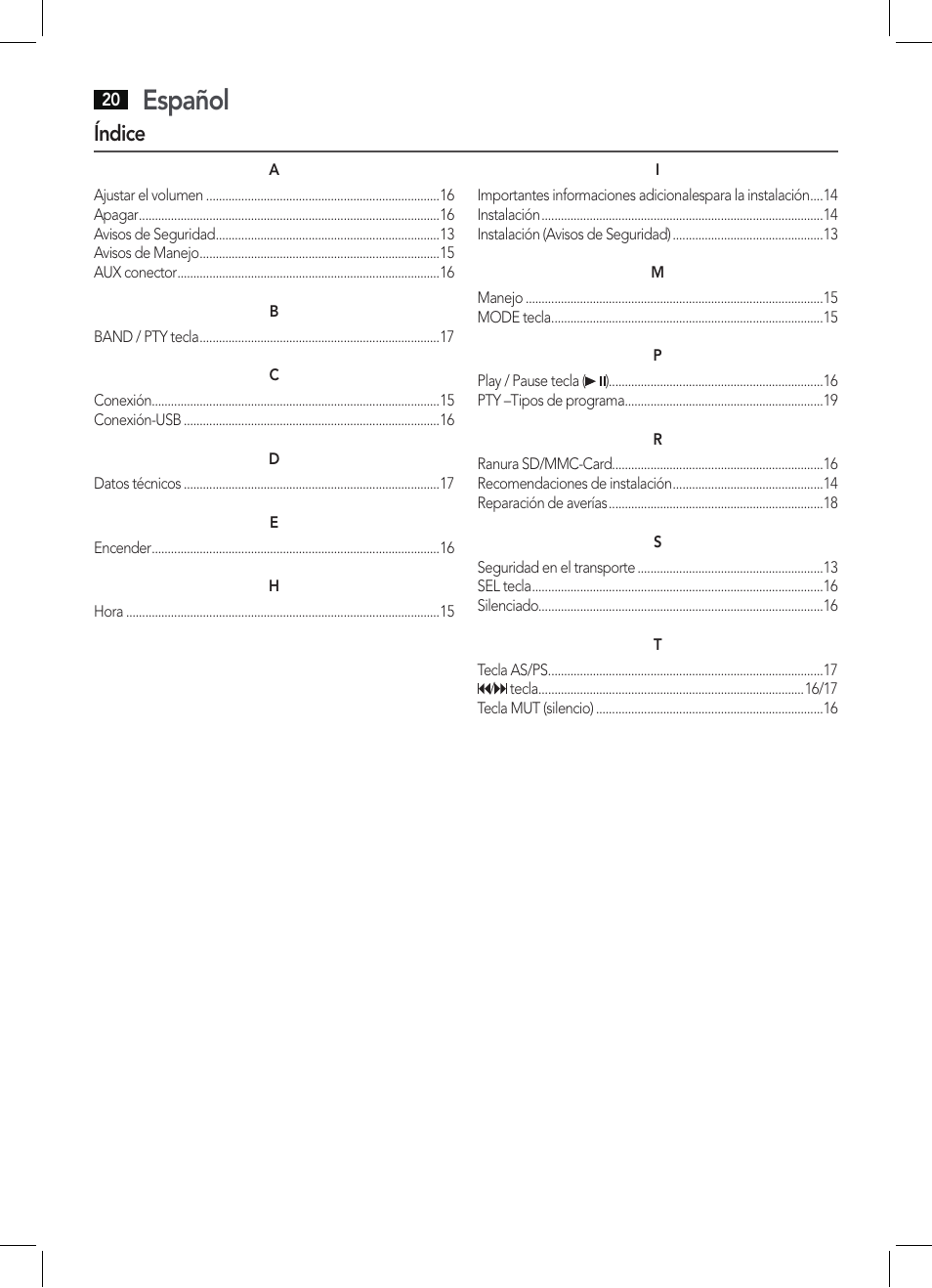 Español, Índice | AEG AR 4027 USB-CR User Manual | Page 20 / 54