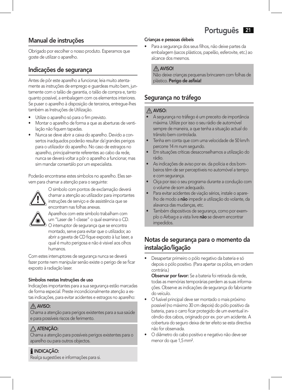 Português, Manual de instruções, Indicações de segurança | Segurança no tráfego | AEG AR 4027 USB-CR User Manual | Page 21 / 54