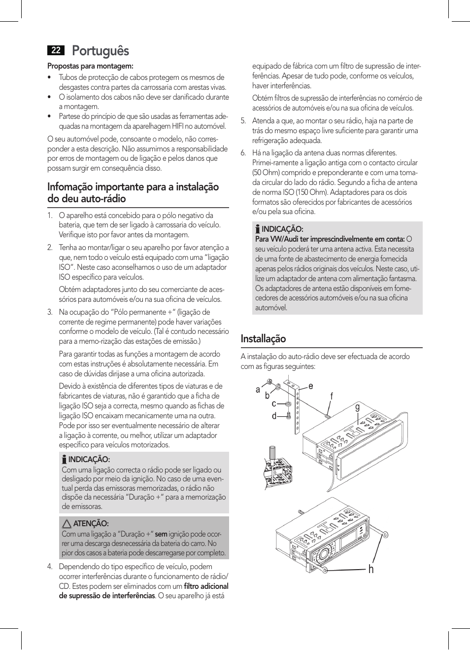 Português, Installação | AEG AR 4027 USB-CR User Manual | Page 22 / 54