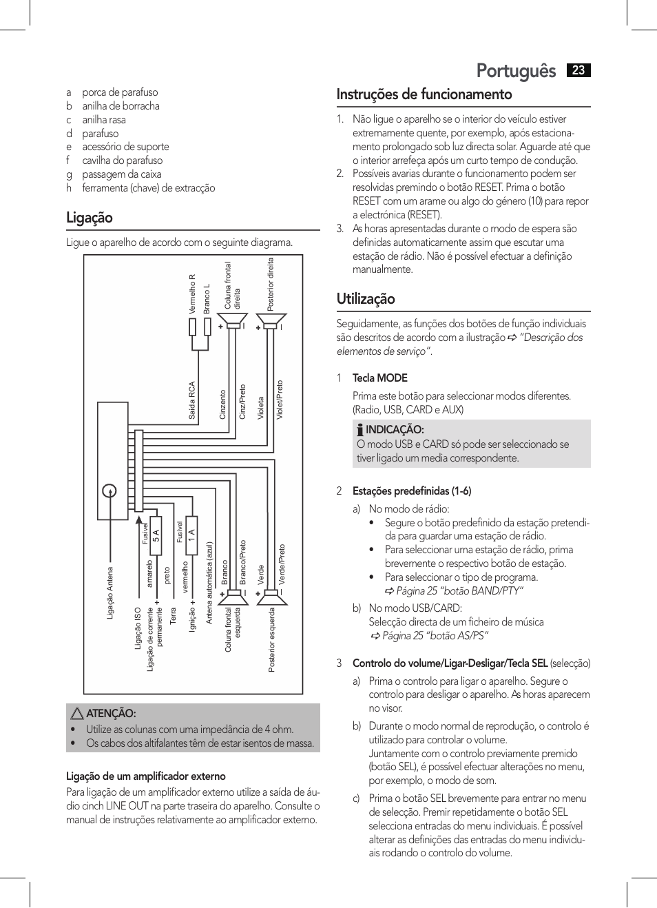 Português, Ligação, Instruções de funcionamento | Utilização | AEG AR 4027 USB-CR User Manual | Page 23 / 54