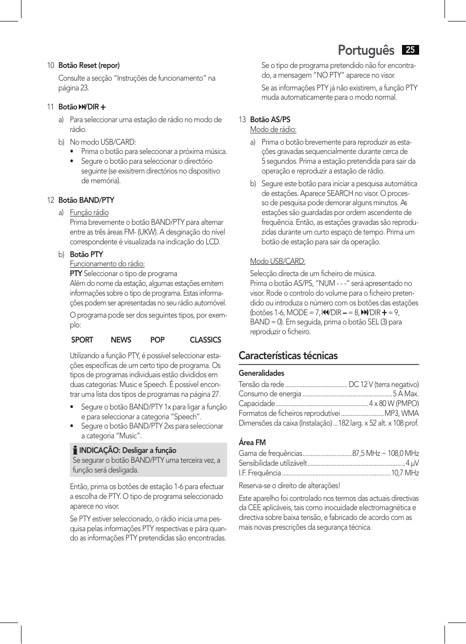 Português, Características técnicas | AEG AR 4027 USB-CR User Manual | Page 25 / 54