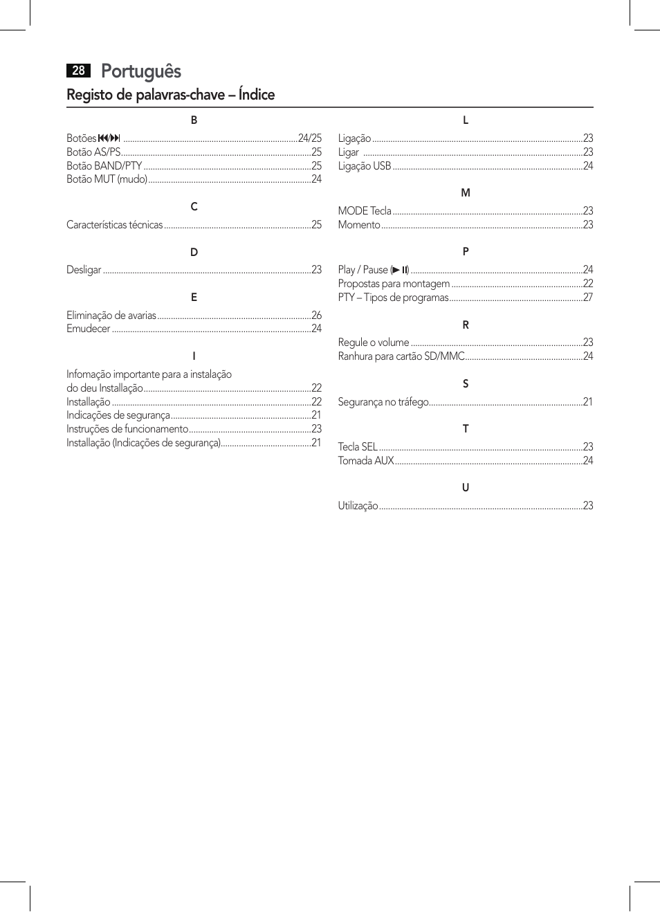 Português, Registo de palavras-chave – índice | AEG AR 4027 USB-CR User Manual | Page 28 / 54