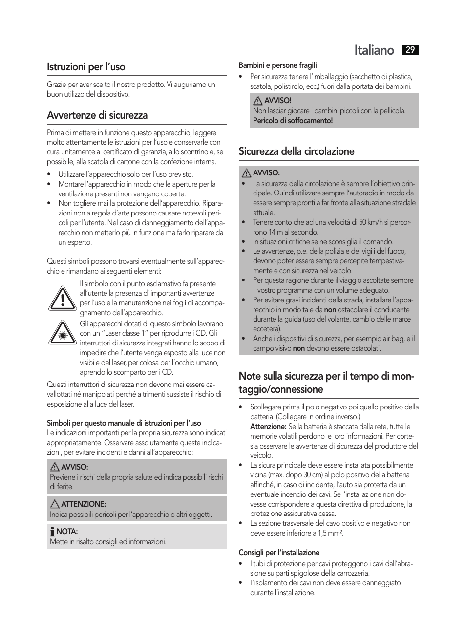 Italiano, Istruzioni per l’uso, Avvertenze di sicurezza | Sicurezza della circolazione | AEG AR 4027 USB-CR User Manual | Page 29 / 54