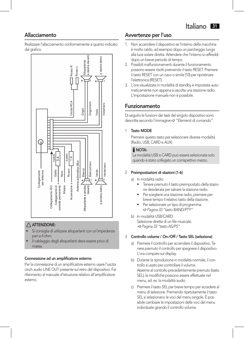 Italiano, Allacciamento, Avvertenze per l’uso | Funzionamento | AEG AR 4027 USB-CR User Manual | Page 31 / 54