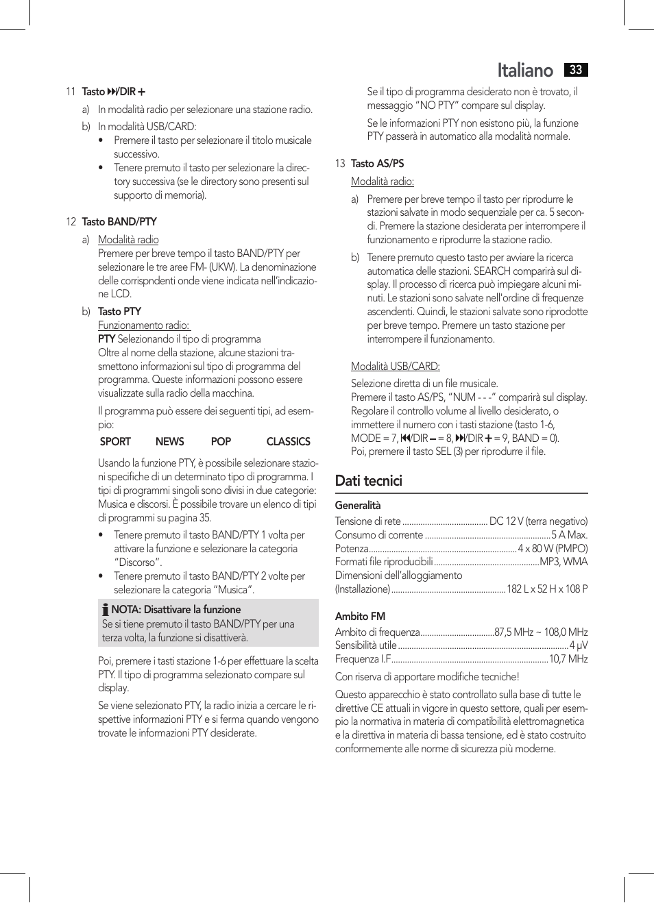 Italiano, Dati tecnici | AEG AR 4027 USB-CR User Manual | Page 33 / 54