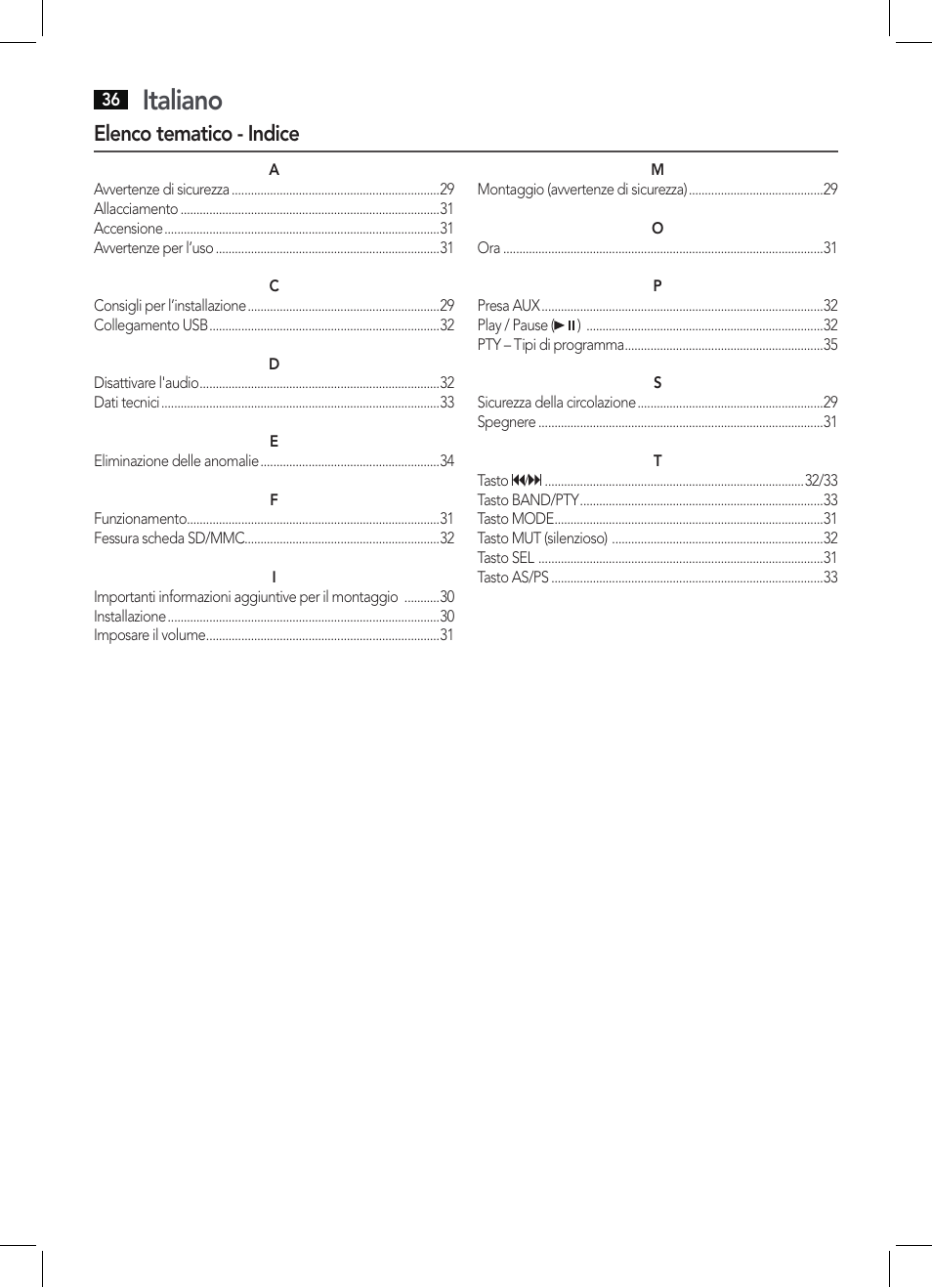 Italiano, Elenco tematico - indice | AEG AR 4027 USB-CR User Manual | Page 36 / 54