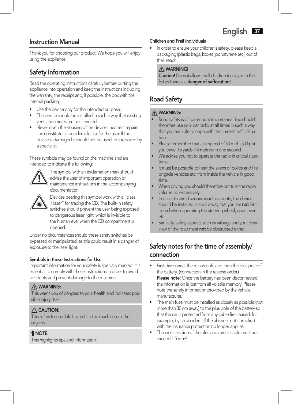 English, Instruction manual, Safety information | Road safety | AEG AR 4027 USB-CR User Manual | Page 37 / 54