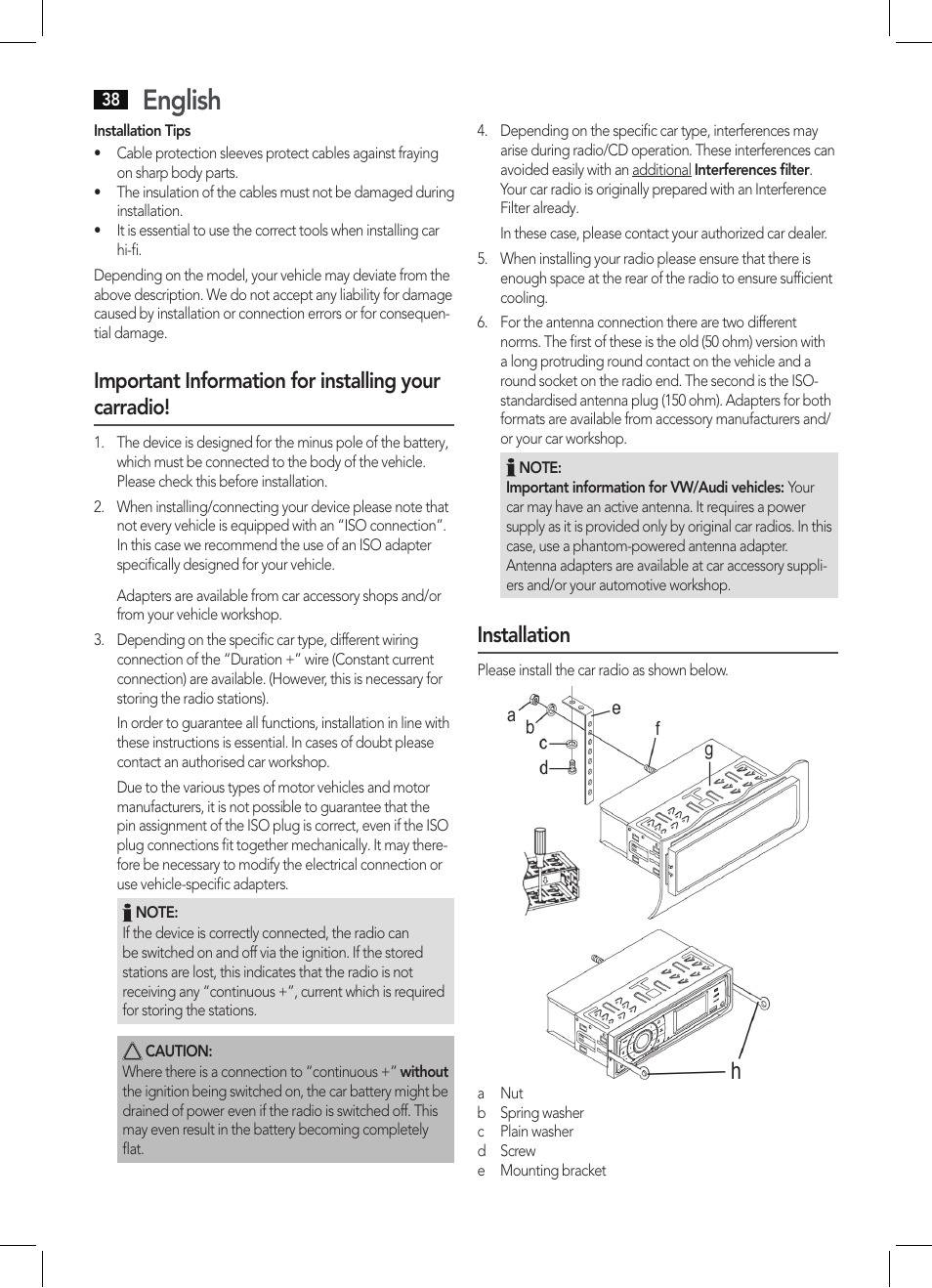 English, Important information for installing your carradio, Installation | AEG AR 4027 USB-CR User Manual | Page 38 / 54