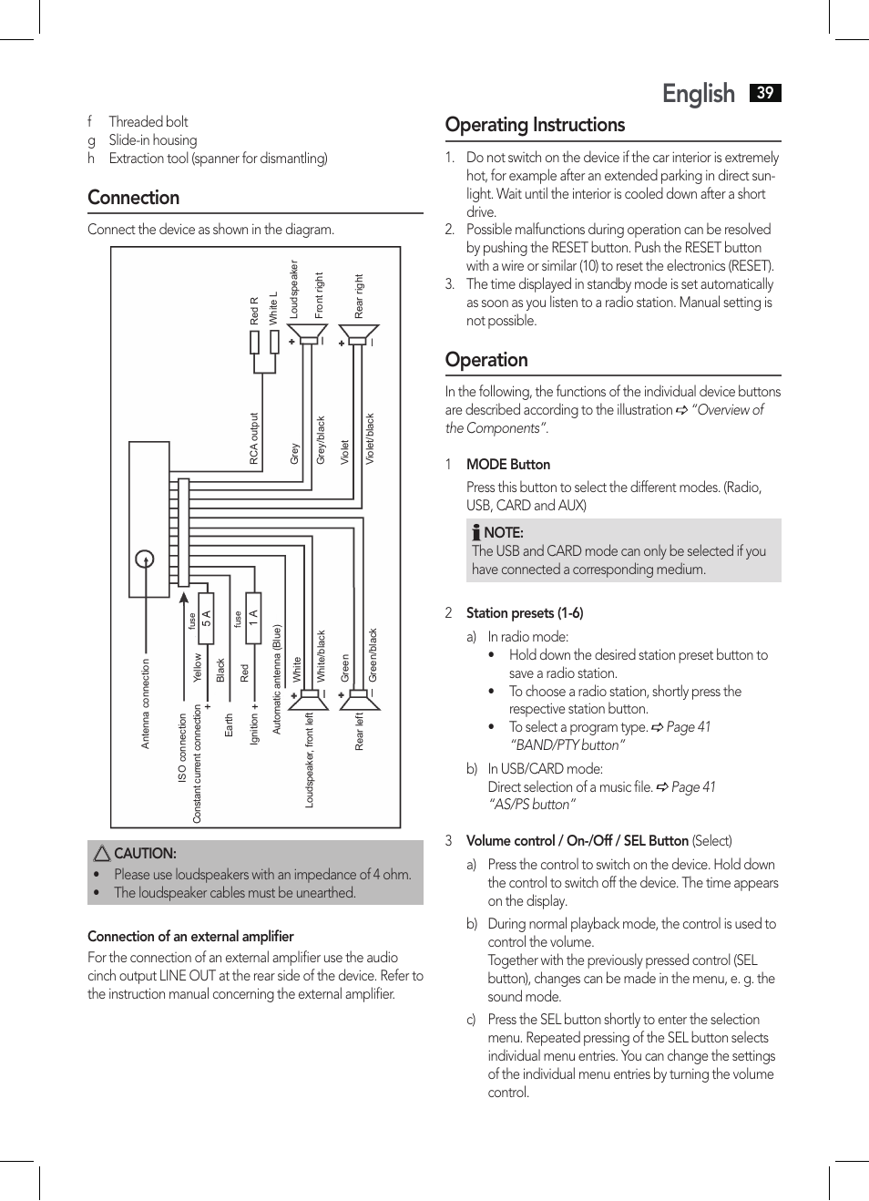 English, Connection, Operating instructions | Operation | AEG AR 4027 USB-CR User Manual | Page 39 / 54