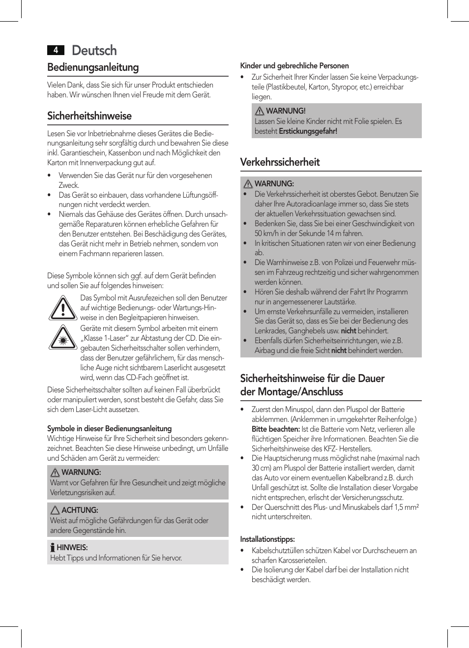 Deutsch, Bedienungsanleitung, Sicherheitshinweise | Verkehrssicherheit | AEG AR 4027 USB-CR User Manual | Page 4 / 54