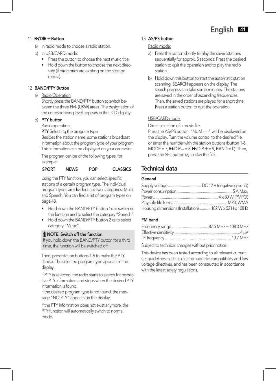 English, Technical data | AEG AR 4027 USB-CR User Manual | Page 41 / 54