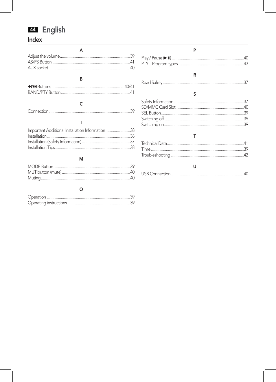 English, Index | AEG AR 4027 USB-CR User Manual | Page 44 / 54