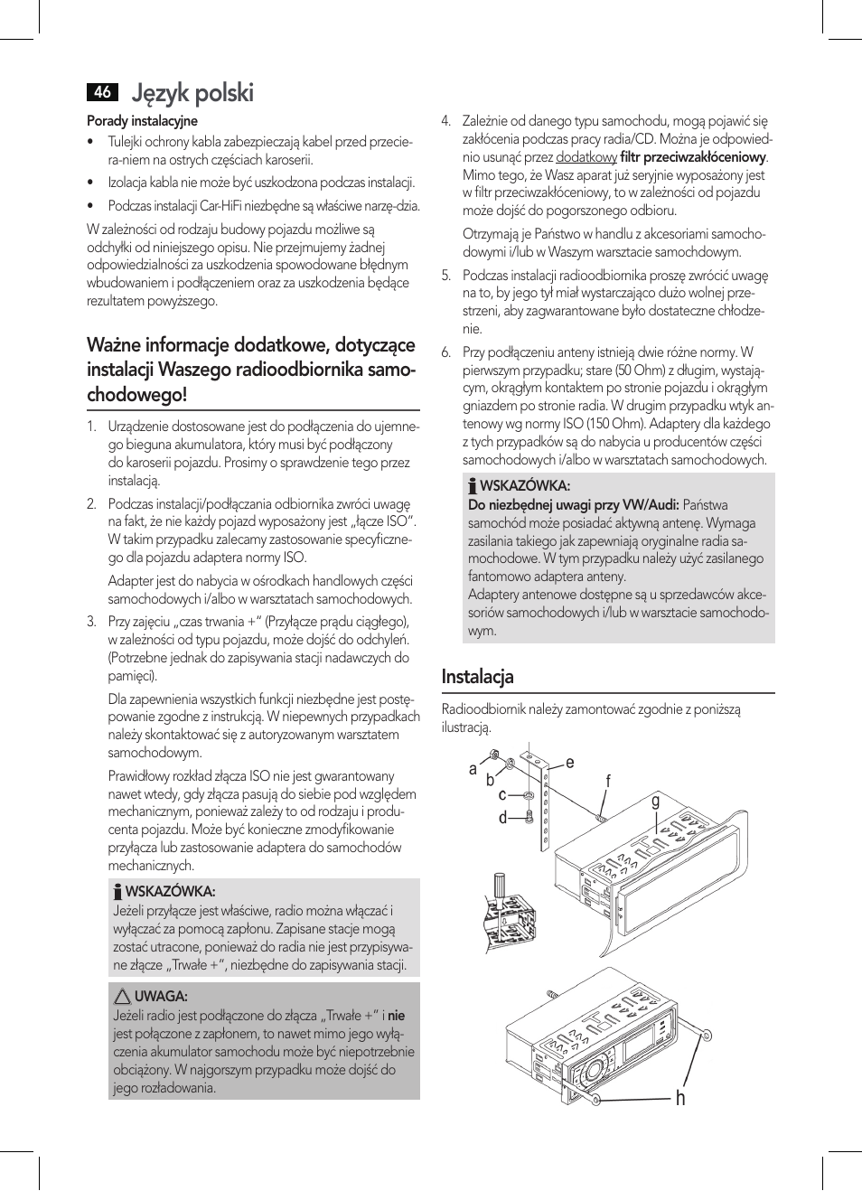 Język polski, Instalacja | AEG AR 4027 USB-CR User Manual | Page 46 / 54