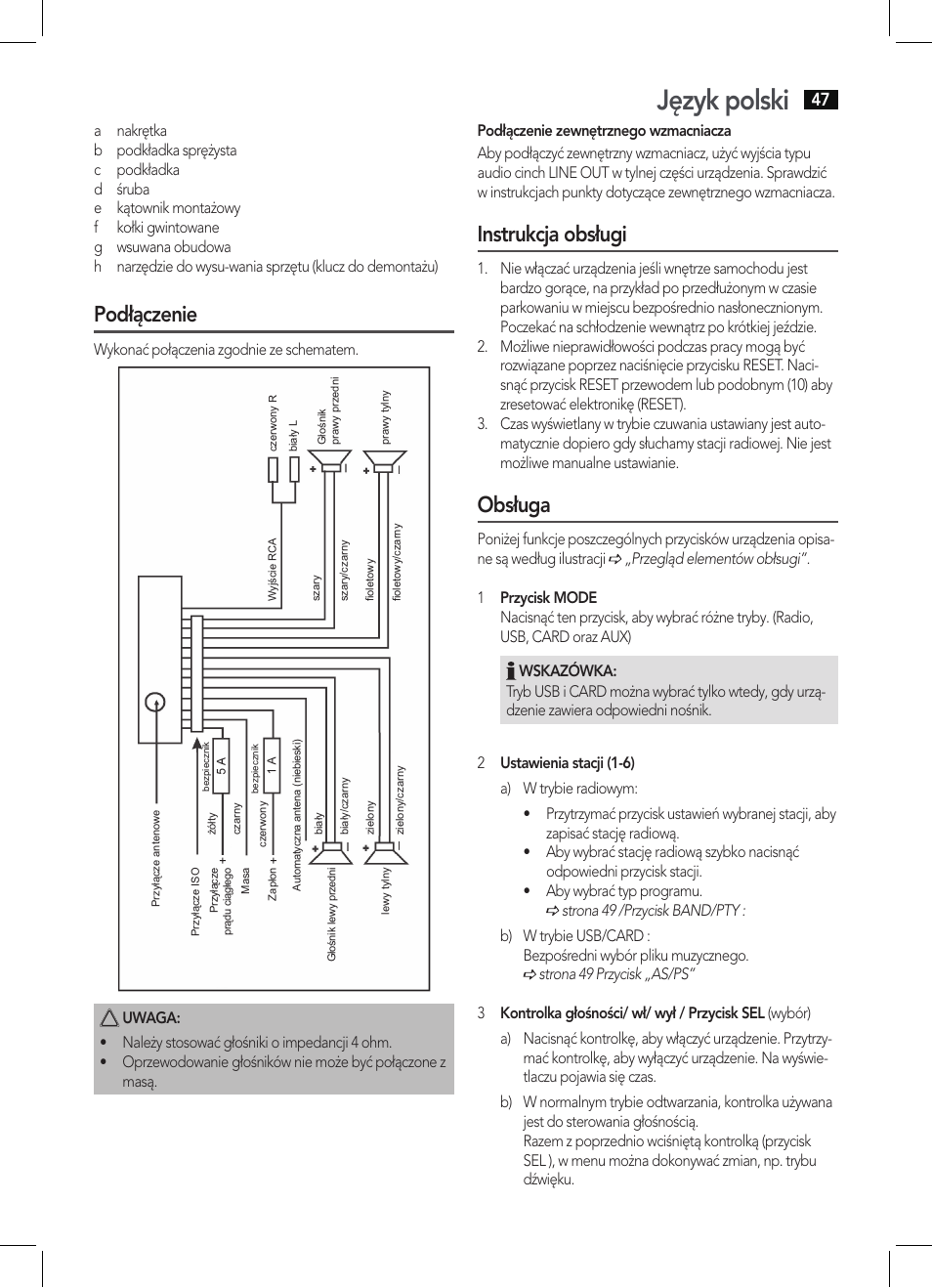 Język polski, Podłączenie, Instrukcja obsługi | Obsługa | AEG AR 4027 USB-CR User Manual | Page 47 / 54