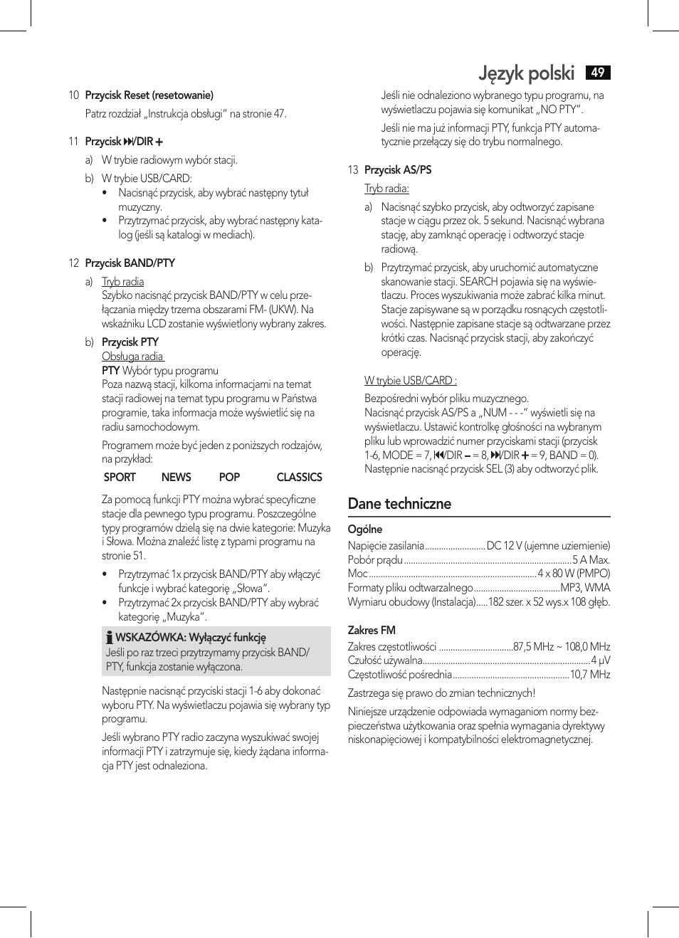 Język polski, Dane techniczne | AEG AR 4027 USB-CR User Manual | Page 49 / 54