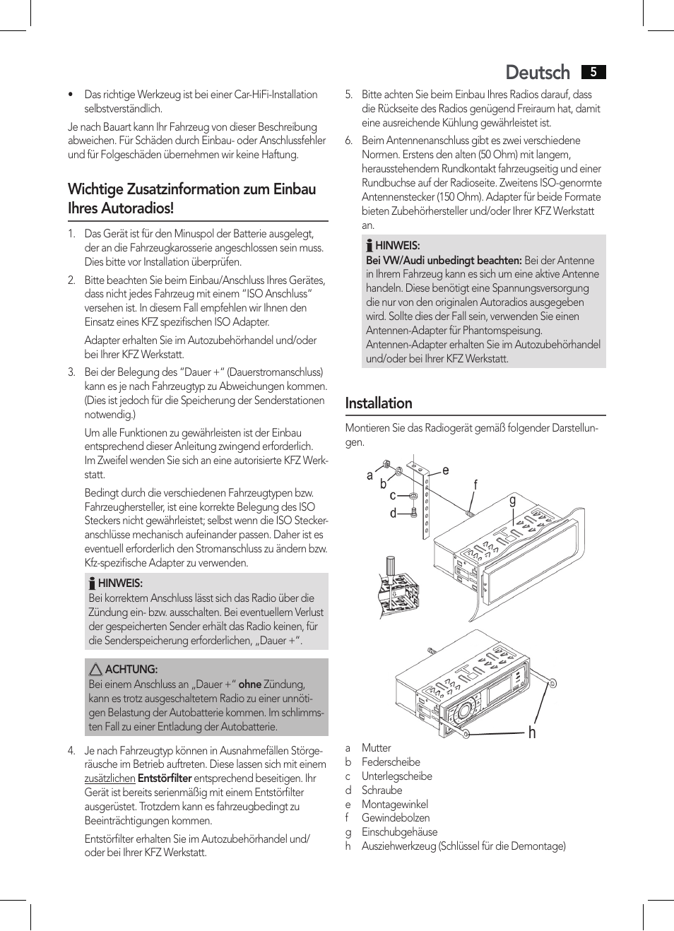 Deutsch, Installation | AEG AR 4027 USB-CR User Manual | Page 5 / 54